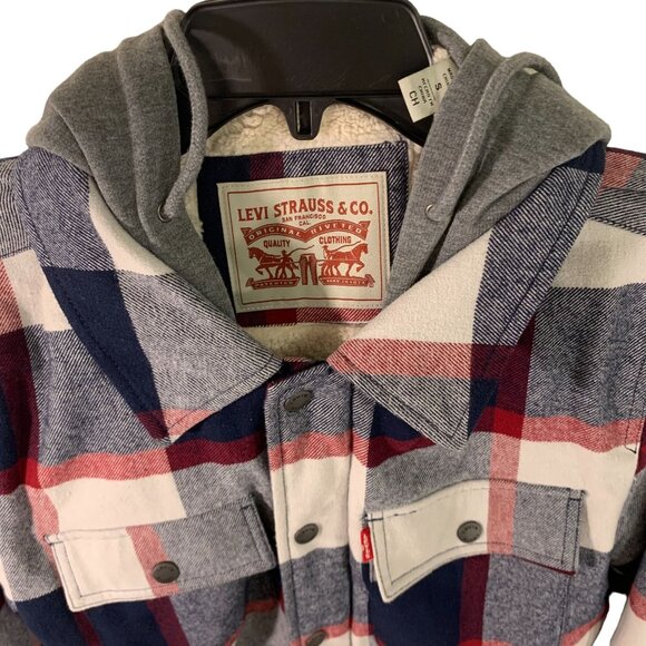 Levis Plaid Shirt Jacket Hooded S Levi Strauss & Co. Cotton & Polyester Unisex - Picture 6 of 9